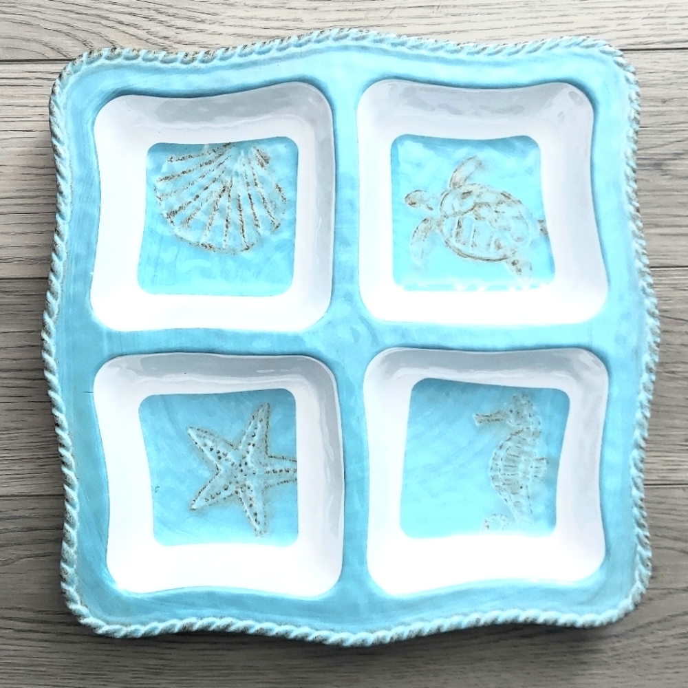 Coastal Nautical Ocean Seahorse theme Nicole Miller Home Divider platter Unused